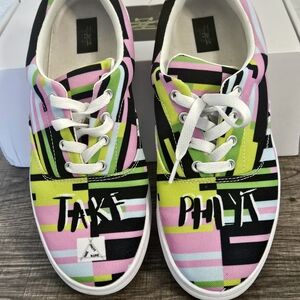 Take Phlyt Graffic Streetwear Sneakers Womens Size 8 1/2 Pink, Green Blue